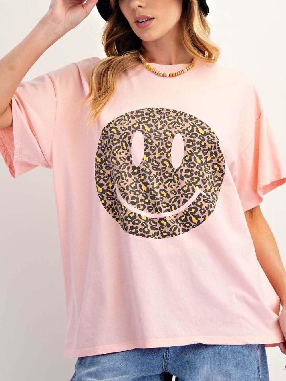 NWT EASEL Retro Pink Leopard Smiley Face T Tee Shirt S M L